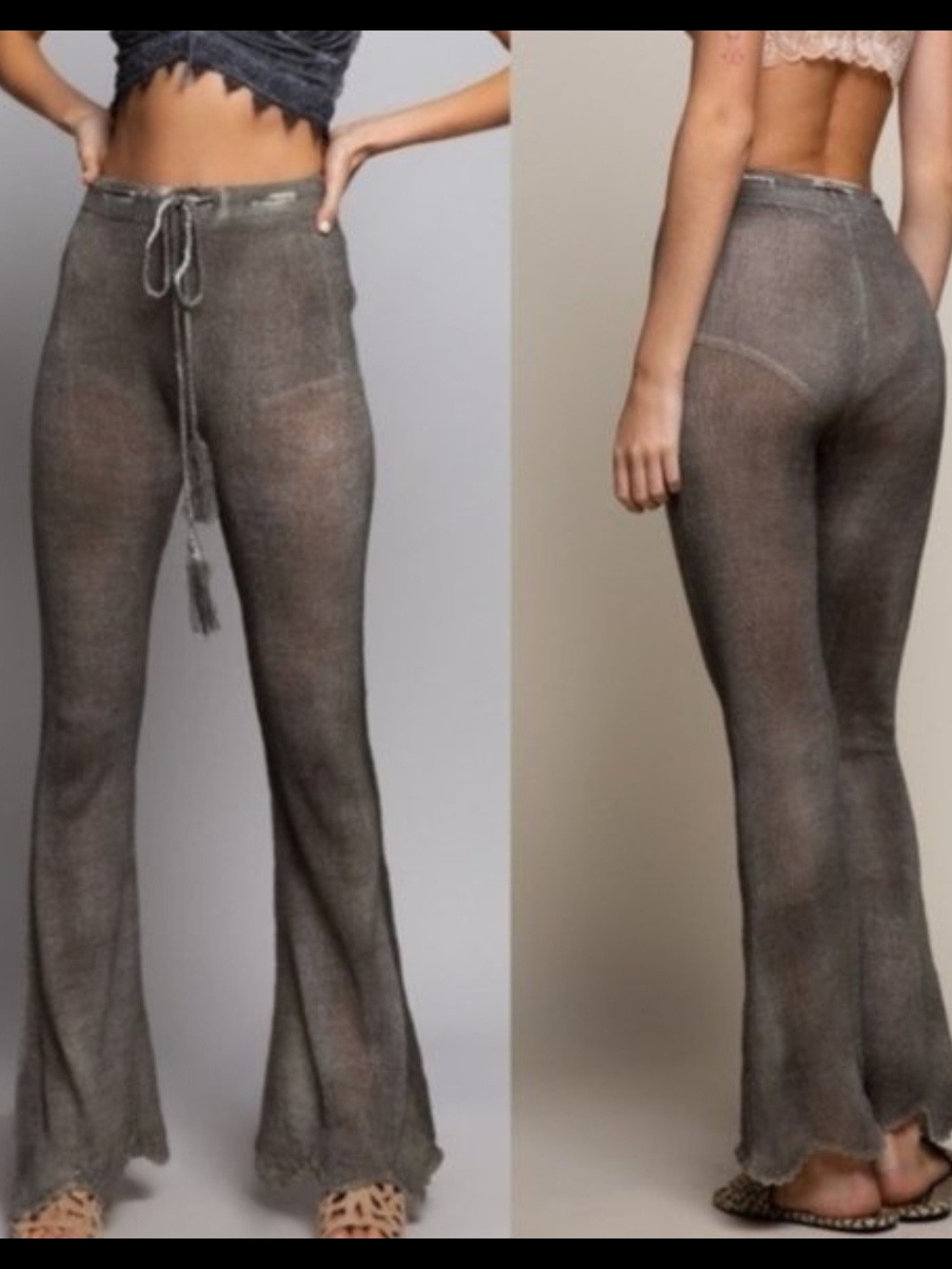 POL By Anthropology Semi-Sheer Drawstring Flare Pants — Gray